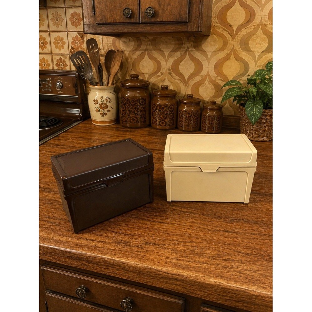 Vintage Plastic Recipe Card File Boxes Brown Tan Mid Century Set of 2 Lot Office